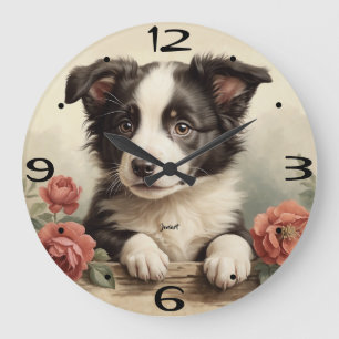 Vintage Cute Puppy Portrait Border Collie Rose Dog Large Clock