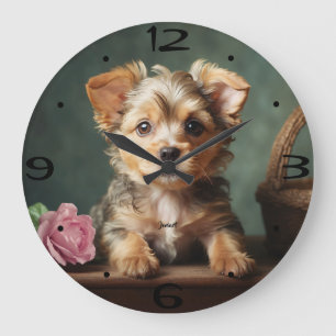Vintage Cute Puppy Portrait Yorkshire Terrier Dog Large Clock