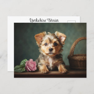 Vintage Cute Puppy Yorkshire Terrier Rose Portrait Postcard
