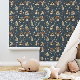 Vintage Cute Rabbit Whisical Wildflowers Nursery Wallpaper