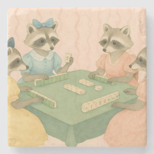 Vintage Cute Racoons Playing Mahjong Stone Coaster