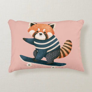 Vintage Cute Red Panda Racoon Skateboarding Decorative Cushion