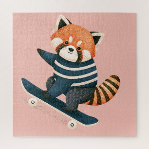 Vintage Cute Red Panda Racoon Skateboarding Jigsaw Puzzle