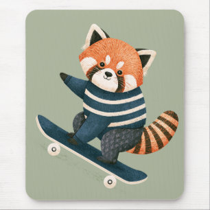 Vintage Cute Red Panda Racoon Skateboarding Mouse Mat