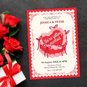 Vintage cute red wedding cake invitation