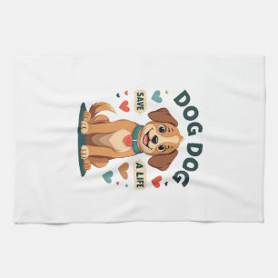 Vintage Cute Rescue Dog Save A Life Cartoon Puppy  Tea Towel