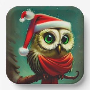 Vintage Cute Santa Owl Christmas Holiday Paper Plate