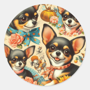 Vintage Cute Seamless Chihuahua Classic Round Sticker
