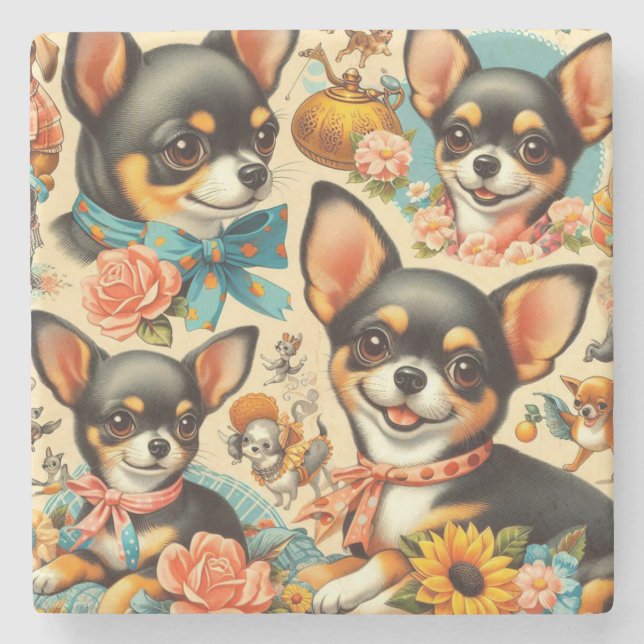 Vintage Cute Seamless Chihuahua  Stone Coaster (Front)
