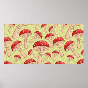 vintage cute seamless sketch amanita mushrooms bac poster