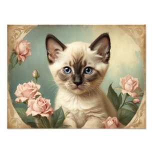 Vintage Cute Siamese Kitten Portrait Flowers Sweet Photo Print