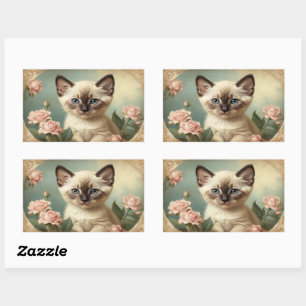 Vintage Cute Siamese Kitten Portrait Flowers Sweet Rectangular Sticker