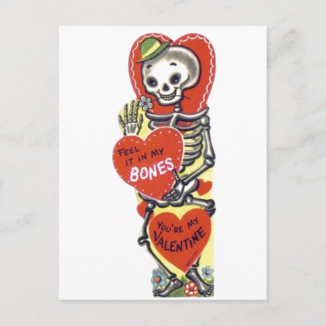 Vintage Cute Skeleton Valentine Postcard (Front)