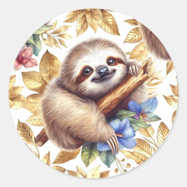 Vintage Cute Sloth Pattern Classic Round Sticker (Front)