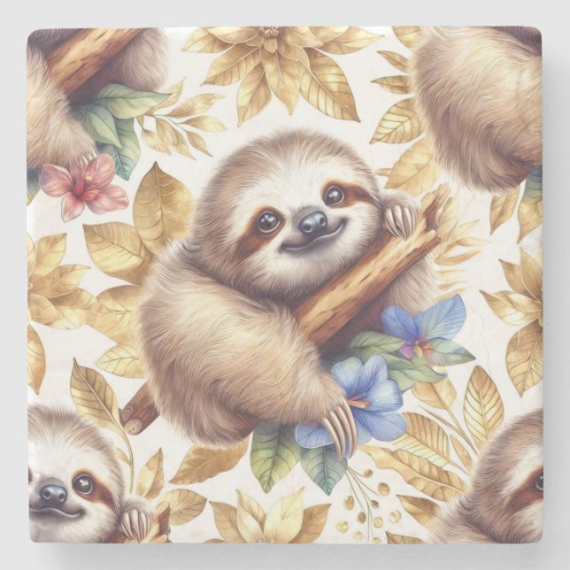 Vintage Cute Sloth Pattern Stone Coaster (Front)