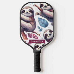 Vintage Cute Sloth Seamless Watercolor Pickleball Paddle