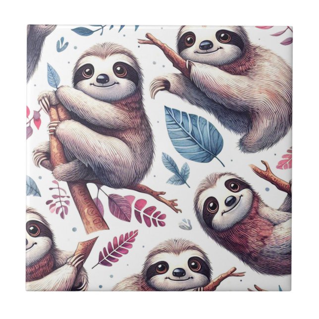Vintage Cute Sloth Seamless Watercolor Tile (Front)