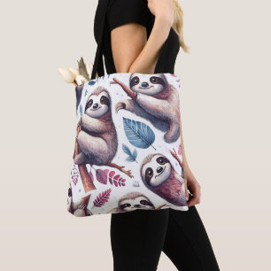 Vintage Cute Sloth Seamless Watercolor Tote Bag