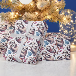 Vintage Cute Sloth Seamless Watercolor Wrapping Paper