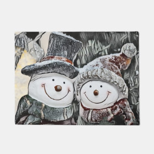 Vintage Cute Snowman and Snow Woman Drawing  Doormat