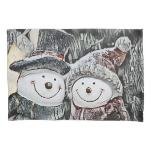 Vintage Cute Snowman and Snow Woman Drawing  Pillowcase