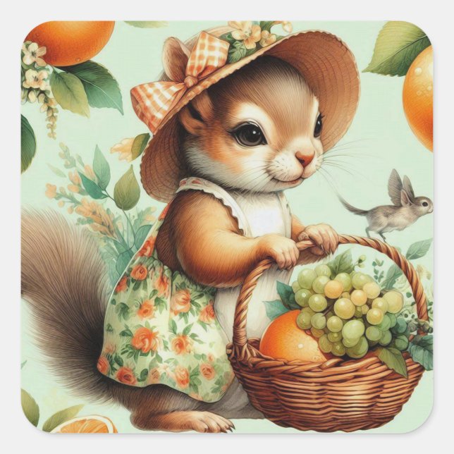 Vintage Cute Squirrel Painting Square Sticker (Front)