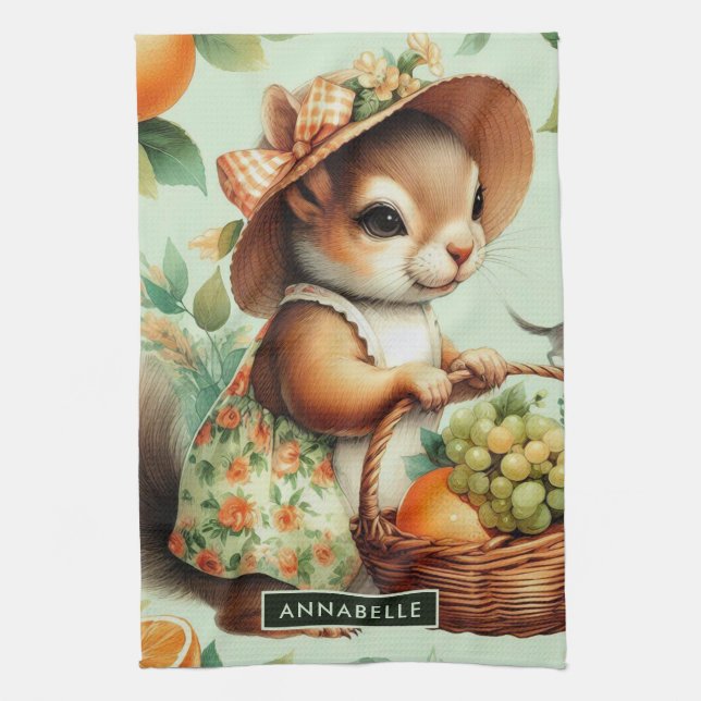 Vintage Cute Squirrel Painting Tea Towel (Vertical)