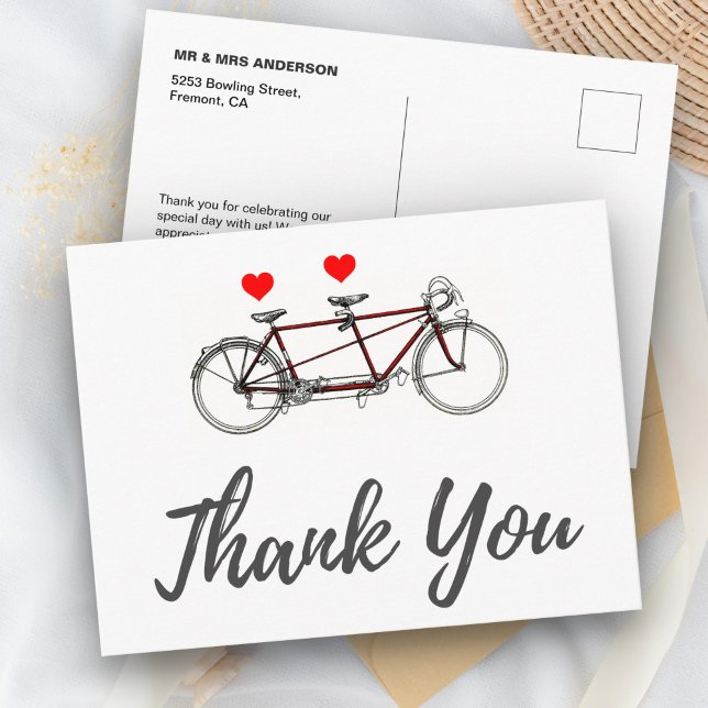 Vintage Cute Tandem Bicycle Wedding Thank You Postcard (Creator Uploaded)