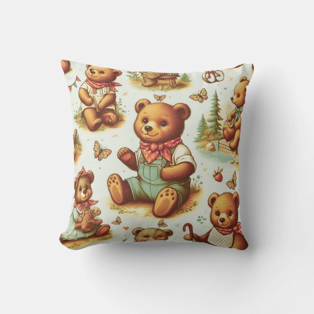 Vintage Cute Teddy Bear Pattern Cushion (Front)