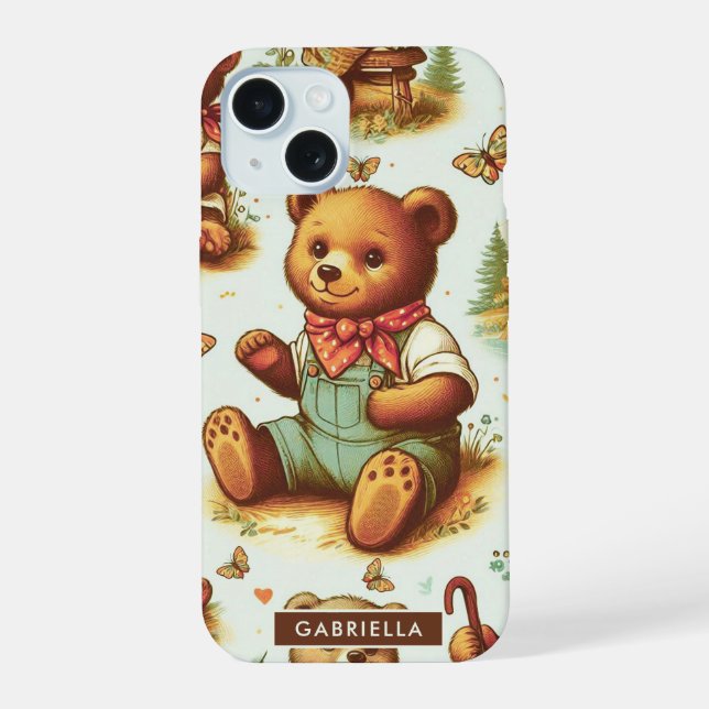 Vintage Cute Teddy Bear Pattern iPhone 15 Case (Back)