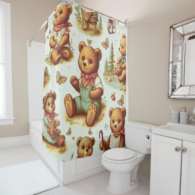 Vintage Cute Teddy Bear Pattern Shower Curtain (In Situ)