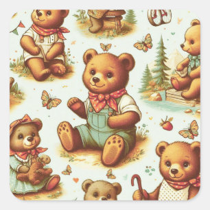 Vintage Cute Teddy Bear Pattern Square Sticker