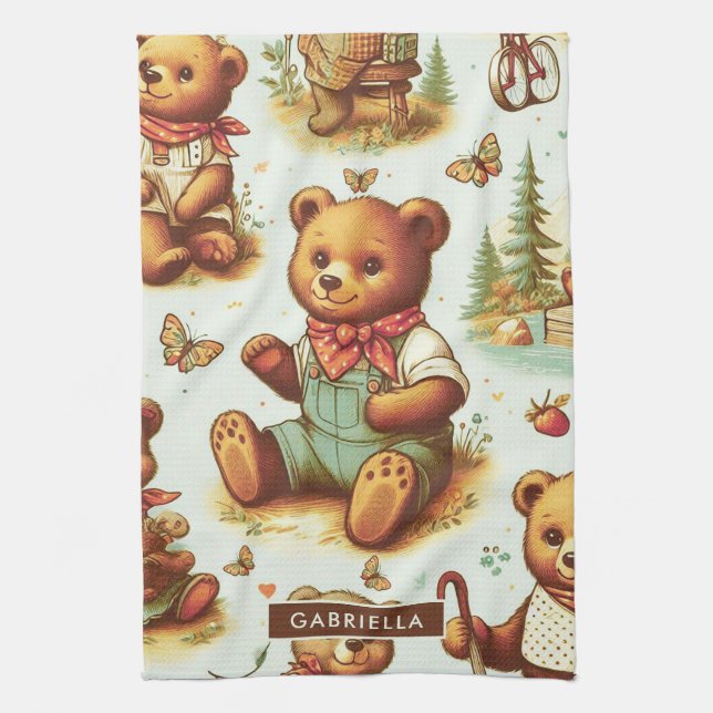 Vintage Cute Teddy Bear Pattern Tea Towel (Vertical)