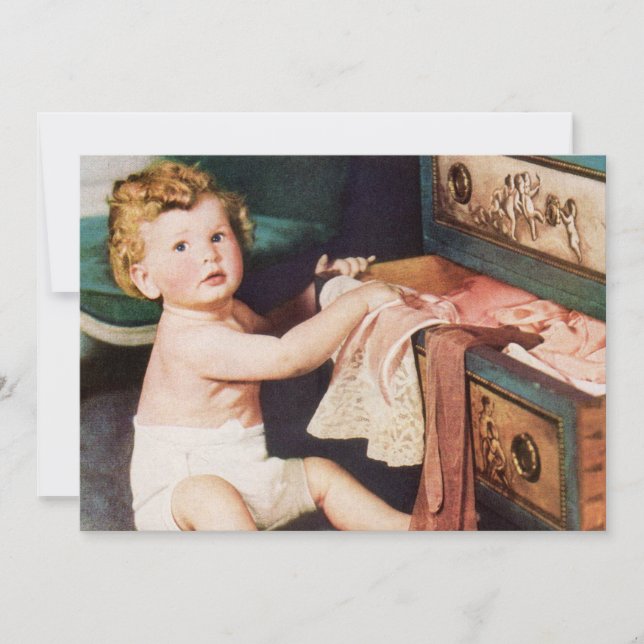 Vintage Cute Toddler Playing with Clothes Dresser (Front)