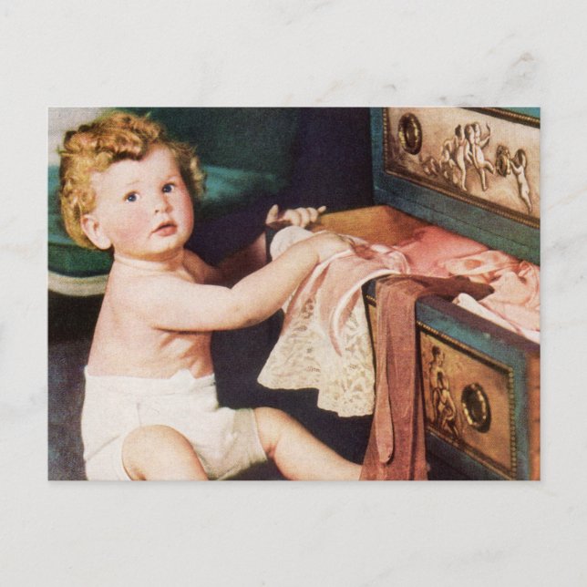 Vintage Cute Toddler Playing with Clothes Dresser Postcard (Front)