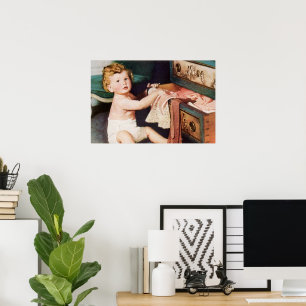 Vintage Cute Toddler Playing with Clothes Dresser Poster