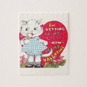 Vintage Cute Valentine's Day Cat Licking Ice Cream Jigsaw Puzzle