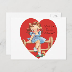 Vintage Cute Valentine's Day, Girl on a Fence Holiday Postcard
