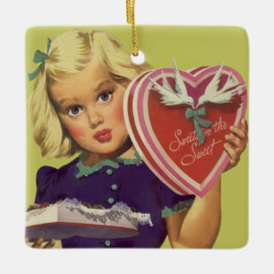 Vintage Cute Valentine's Day, Girl with Chocolates Ceramic Tree Decoration