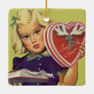 Vintage Cute Valentine's Day, Girl with Chocolates Ceramic Tree Decoration