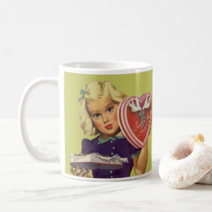Vintage Cute Valentine's Day, Girl with Chocolates Coffee Mug