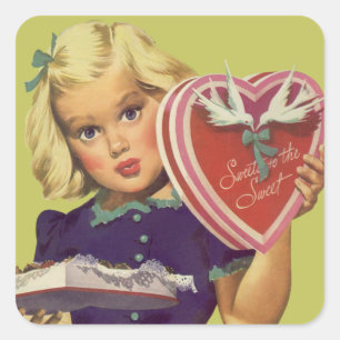 Vintage Cute Valentine's Day, Girl with Chocolates Square Sticker