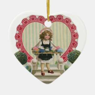 Vintage Cute Valentine's Day, Girl with Flowers Ceramic Tree Decoration