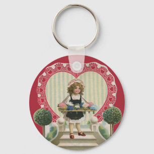 Vintage Cute Valentine's Day, Girl with Flowers Key Ring