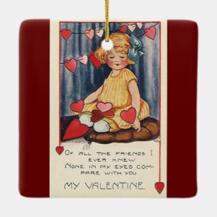 Vintage Cute Valentine's Day, Girl with Red Hearts Ceramic Ornament