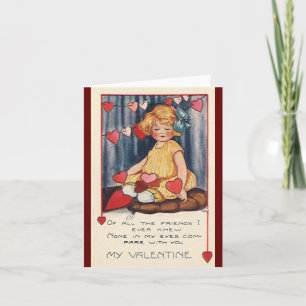 Vintage Cute Valentine's Day, Girl with Red Hearts Holiday Card