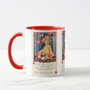 Vintage Cute Valentine's Day, Girl with Red Hearts Mug