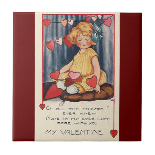 Vintage Cute Valentine's Day, Girl with Red Hearts Tile