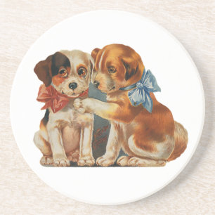 Vintage Cute Valentine's Puppy Love, Two Dog Mutts Coaster