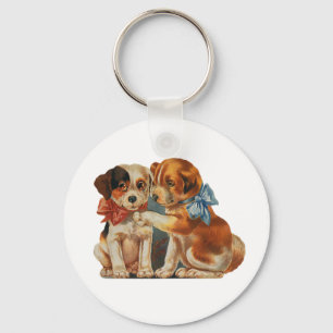 Vintage Cute Valentine's Puppy Love, Two Dog Mutts Key Ring
